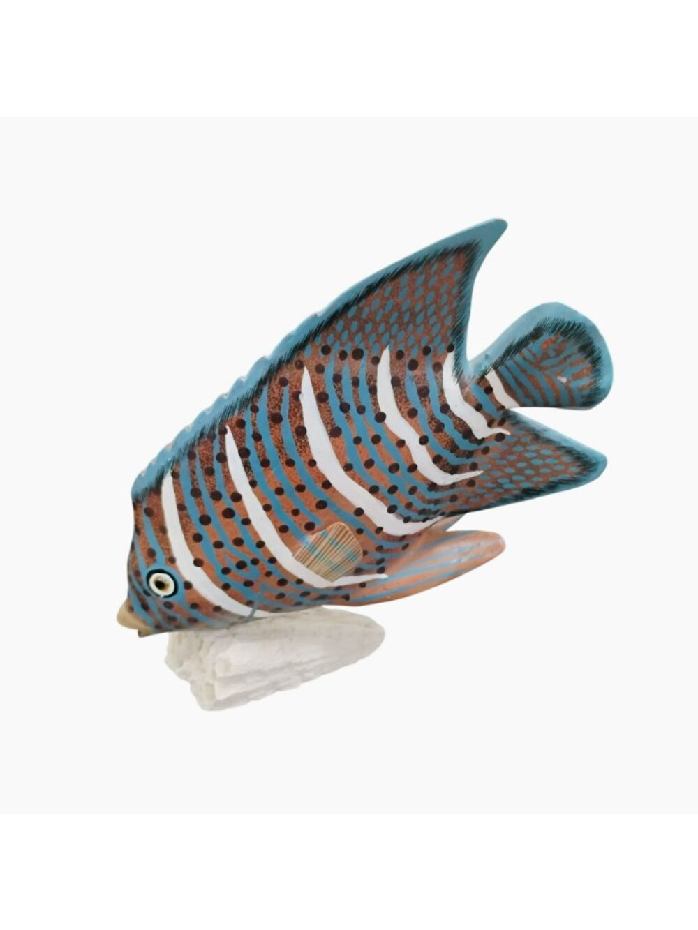 Hand-Painted Wooden Tropical Fish Figurine Blue Orange Stripes On Natural Base - Picture 5 of 6